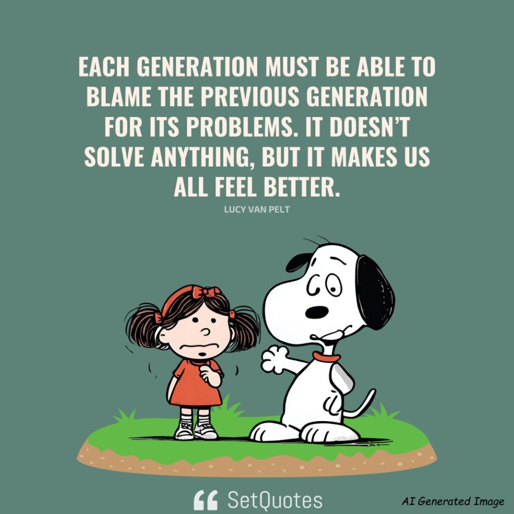 Each generation must be able to blame the previous generation for its problems. It doesn’t solve anything, but it makes us all feel better. – Lucy Van Pelt
